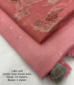 Soft Cotton slub Linen woven Saree - Pink