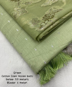 Soft Cotton slub Linen woven Saree - Green