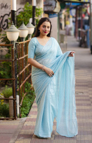 Silver zari weaving Soft Chiffon Saree with Temple Border  - Skyblue