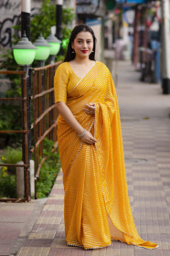 Silver zari weaving Soft Chiffon Saree with Temple Border  - Mustard
