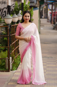 Silver zari weaving Soft Chiffon Saree with Temple Border  - Pink