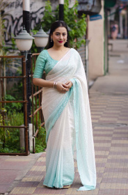 Silver zari weaving Soft Chiffon Saree with Temple Border  - Turquoise
