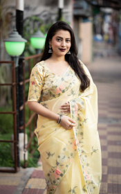 Pure Linen Designer Saree With pencil Embroidery & Rich Pallu - Cream