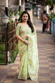 Pure Linen Designer Saree With pencil Embroidery & Rich Pallu - Green