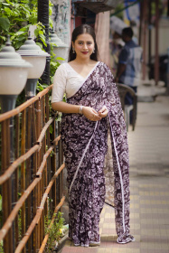 Pure Soft georgette Flower Printed saree with mirror Work – Wine
