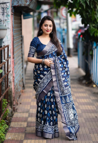 Soft Silk Batik Printed Saree With Zari Woven Border– Blue