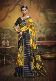 Paper Silk Printed saree with Woven butti – Mustard