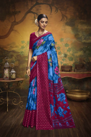 Paper Silk Printed saree with Woven butti – Blue