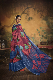 Paper Silk Printed saree with Woven butti – Wine