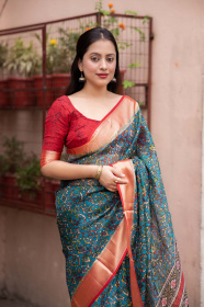 Paper Silk ajrakh Printed saree – Blue