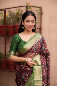 Paper Silk ajrakh Printed saree – Maroon