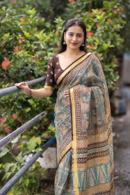 kota Silk printed saree with weaving border – Blue