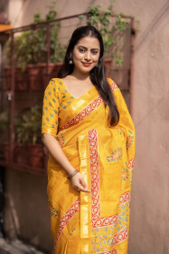 kota Silk printed saree with weaving border – Yellow
