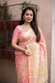 kota Silk printed saree with weaving border – Pink
