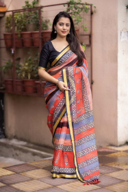 kota Silk printed saree with weaving border – Red