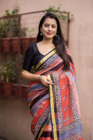 kota Silk printed saree with weaving border – Red