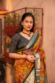 Cotton Silk Printed saree with zari woven border– Mustard