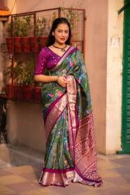  Cotton Silk Printed saree with zari woven border– Green