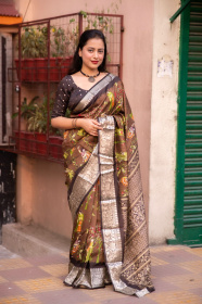  Cotton Silk Printed saree with zari woven border– Brown