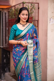  Cotton Silk Printed saree with zari woven border– Blue