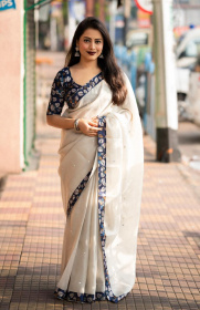 Pure Linen Designer saree with Aari Mirror work– Grey