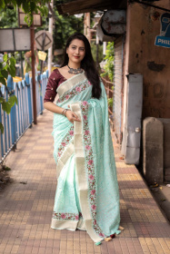 Pure Linen Designer saree with Pencil embroidery – Sea Green