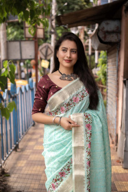 Pure Linen Designer saree with Pencil embroidery – Sea Green
