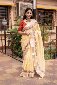Pure Linen Designer saree with Pencil embroidery – Yellow