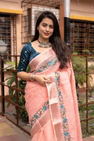 Pure Linen Designer saree with Pencil embroidery – Pink