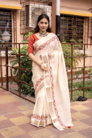 Pure Linen Designer saree with Pencil embroidery – Offwhite