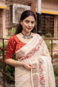 Pure Linen Designer saree with Pencil embroidery  Offwhite