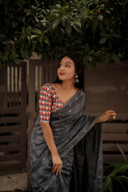 Pure Linen Designer saree with multicolor embroidery – Grey