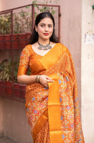 Jute Silk Patola printed saree - Yellow