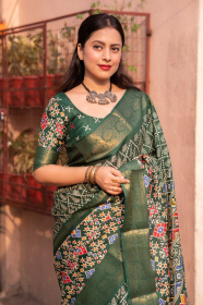 Jute Silk Patola printed saree - Green