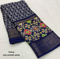 Jute Silk Patola printed saree - Navy Blue