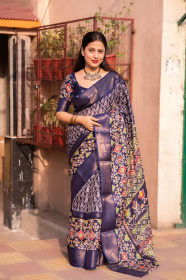 Jute Silk Patola printed saree - Navy Blue