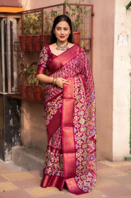 Jute Silk Patola printed saree - Pink