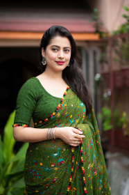 Pure Soft Georgette saree printed saree with Mirror work - Mehendi