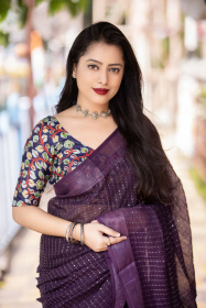 Pure Linen saree with sequence embroidery work -Purple