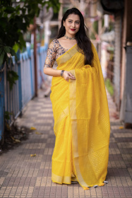Pure Linen saree with sequence embroidery work -Yellow