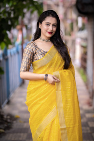 Pure Linen saree with sequence embroidery work -Yellow
