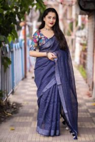 Pure Linen saree with sequence embroidery work -Blue 