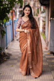 Pure Linen saree with sequence embroidery work -Orange