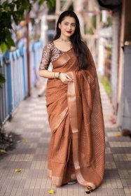 Pure Linen saree with sequence embroidery work -Orange 