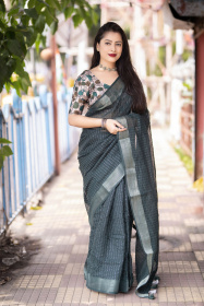 Pure Linen saree with sequence embroidery work -Green