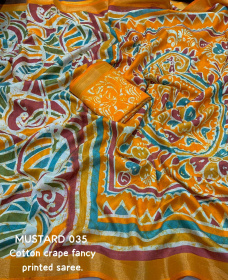 Soft cotton crape batik printed saree - Mustard