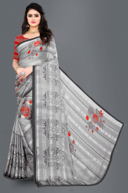 Aaritra Fashion Brasso-Satin patta Floral printed saree  - Grey