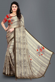 Aaritra Fashion Brasso-Satin patta Floral printed saree  - Brown