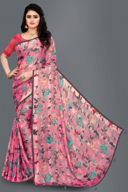 Aaritra Fashion Brasso-Satin patta Floral printed saree - Pink