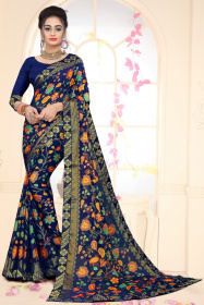 Aaritra Fashion Brasso printed saree  - Blue